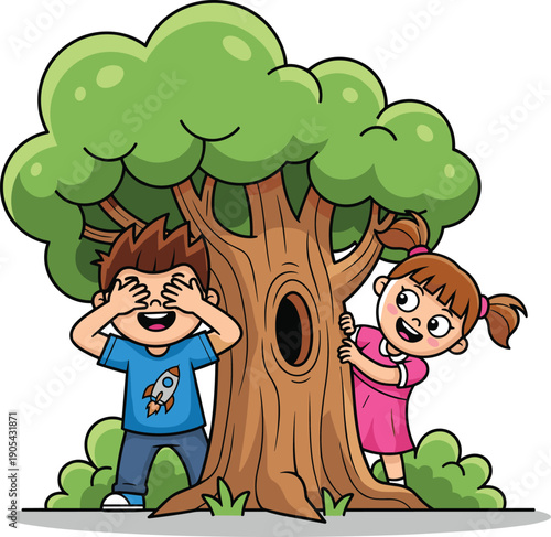 Cartoon boy and girl playing hide and seek behind tree, outdoor fun, kids game, happy children, nature background, joyful moment.