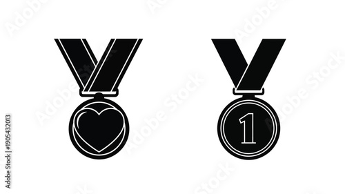 Two award medals one with a heart and another with a number one silhouette