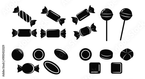 Various black candies and lollipops in a simple design silhouette