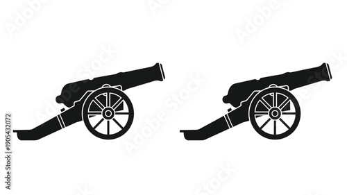 Two antique cannons depicted in a striking black silhouette