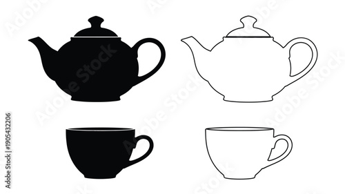 Teapot and teacup illustrations black and white distinct silhouette