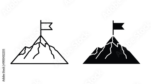 Two mountain peaks with flags contrasting styles black and white silhouette