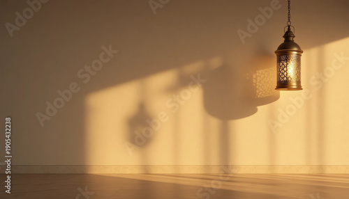 Ramadan lantern shadow pattern on neutral wall, warm evening light, minimal elegant islamic mood, smooth surface, professional studio lighting, copy space, no text, no people, high resolution
