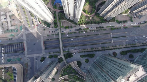 Aerial City Intersection with Modern High-Rise Buildings and Traffic