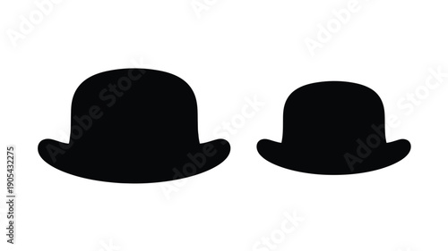 Two black bowler hats depicted in a stark minimalist silhouette