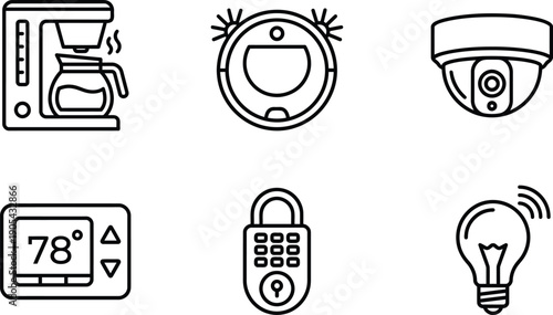 Linear Icon Set Featuring Smart Home Appliances, Education Technology, Artificial Intelligence, Business Growth, Career Success, Yoga Wellness, Science Research, and Trees.