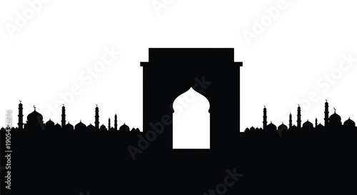 Taj Mahal silhouette with archway and minarets against white background
