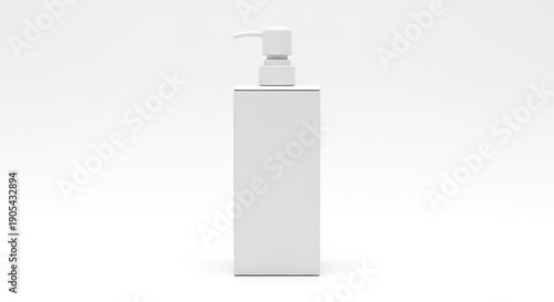Minimalist white bottle with dispenser for cosmetics or hygiene products on a white background