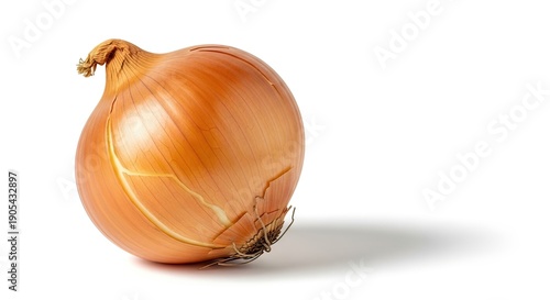 Fresh, whole yellow onion with a papery brown skin and roots, isolated on a white background with a soft shadow