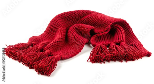 A luxurious hand-knitted crimson scarf with tassels, perfect for adding warmth and style to any outfit