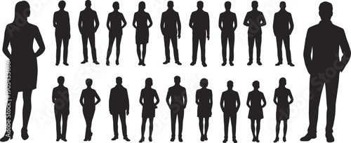 Flat vector silhouettes of diverse human figures standing in rows, male female shapes size variation design illustration for Adobe Stock