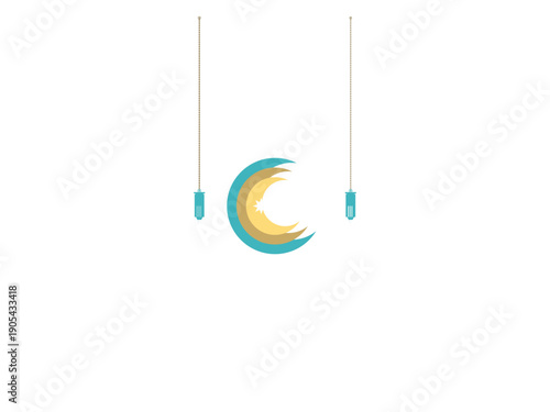 Islamic Ramadan lantern illustration featuring a crescent moon suspended by clips on a minimalist white background