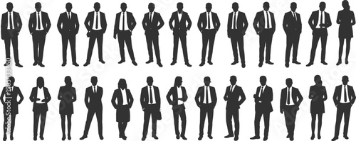 Flat vector silhouettes of diverse business professionals standing confidently in corporate attire, teamwork, leadership, office identity, collaboration, workplace diversity illustration