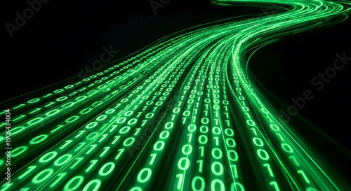 Naklejka Green glowing binary code stream on black background. Digital data flow, matrix style, and cyber security concept. 