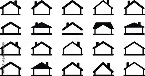 Minimal house and home icon set with various roof styles for real estate, property, architecture, and user interface design use