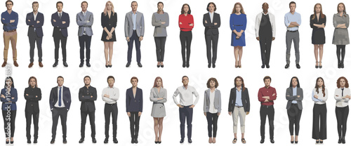 Flat vector silhouettes of thirty diverse business professionals standing in corporate attire, teamwork, leadership, office identity, collaboration, workplace diversity illustration