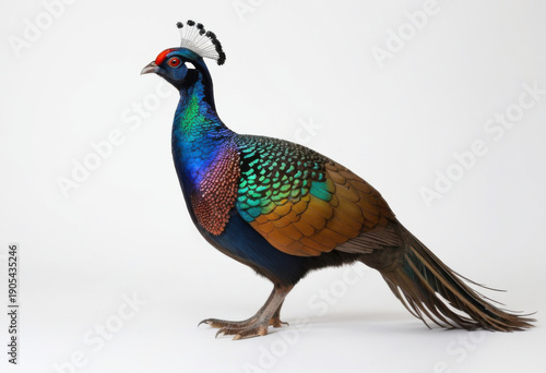 Close-up of Himalayan monal pheasant male, side view, on white background