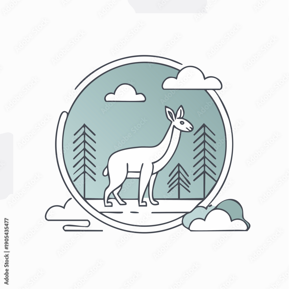 Fototapeta premium Minimal Line Art Wildlife Nature Conservation Badge with snow deer Forest and Mountain Landscape Vector Icon