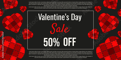 Patchwork effect Valentine's Day Sale horizontal  banner. Vector quilt effect red heart with bold business discount message. Perfect Valentine promotion banner. EPS 10