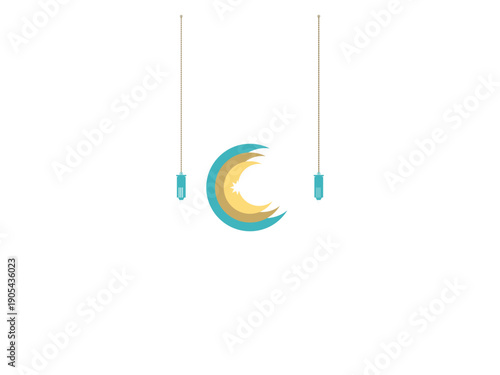 Islamic Ramadan lantern illustration featuring a crescent moon suspended by clips, set against a minimalist background