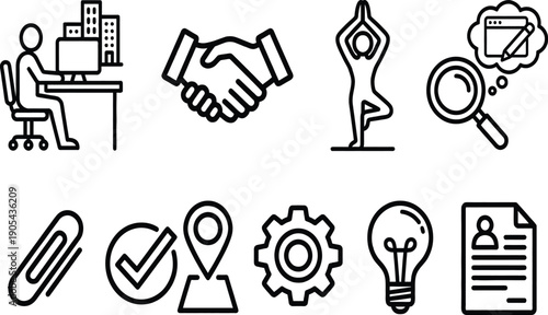 Education and Business Icon Set Featuring Artificial Intelligence, Science, Graduation, Yoga Wellness, Office Productivity, Online Learning, Collaboration, and Digital Technology.