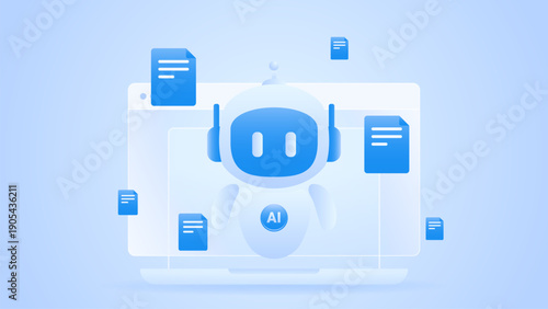 AI workflow automation artificial intelligence. ai agent workflow managing digital documents on desktop interface with floating files and light blue modern technology.