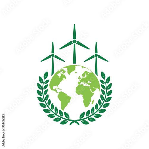 Green earth with wind turbines and laurel wreath symbolizing renewable energy and ecology concept