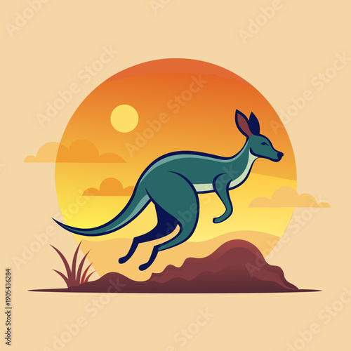 Vector Kangaroo Jumping at Sunset