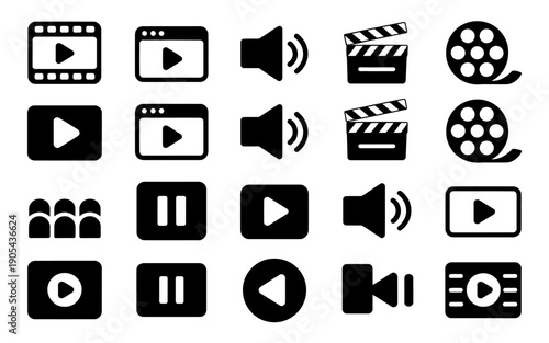 Collection of various video player and movie icons on white background