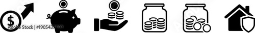 Personal finance and savings icons set featuring piggy bank, money growth, investment hand, coins in a jar, and home insurance.