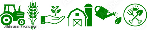 Agriculture and organic farming solid icons set including tractor, wheat, seedling, barn, watering can, and gardening tools.