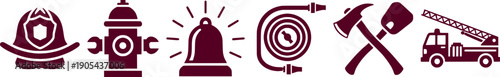 Firefighter and fire station equipment solid icons set featuring helmet, hydrant, alarm bell, hose, tools, and fire truck.