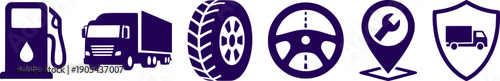 Logistics and heavy truck transport solid icons set featuring gas station, delivery truck, tire, steering wheel, service location, and insurance shield.