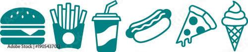 Fast food and junk food solid icons set featuring burger, french fries, soda, hot dog, pizza slice, and ice cream cone.