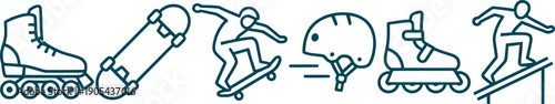 Extreme sports and urban skating line icons set including rollerblades, skateboard, helmet, and skater performing tricks.