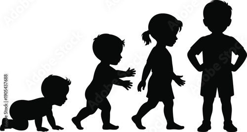 Child growth silhouette stages from crawling baby to standing kid childhood development timeline black vector illustration isolated