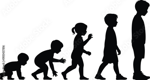 Human growth silhouette from crawling baby to standing child development stages black vector illustration isolated on white