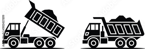 Dump truck silhouette icons set showing loaded and unloading construction vehicles heavy machinery transportation isolated on white background