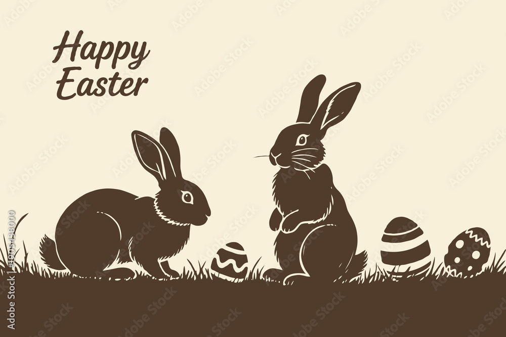 Fototapeta premium Two Easter rabbits with painted eggs in silhouette graphic style on beige background, celebrating Easter holiday concept