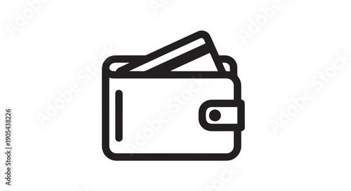 Simple black outline icon representing a personal wallet containing an inserted payment card for finance.
