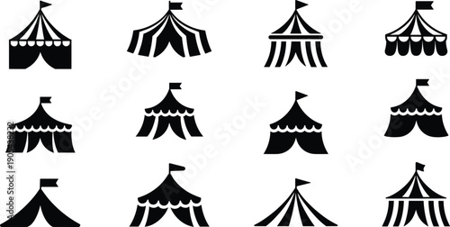 Circus tent silhouette icon set with carnival marquee shapes flat design isolated on white background vector illustration