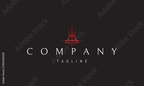 A vector red logo featuring an abstract image an alchemical symbol combining a triangle and the moon, representing transformation and mystic balance.