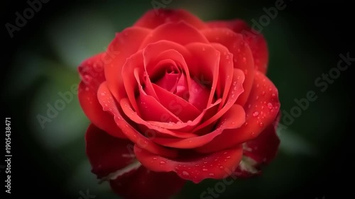 Close up of a vibrant red rose with water droplets on its petals.