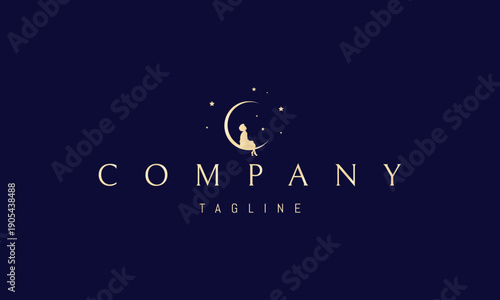 A vector golden logo featuring an abstract image a dreaming child sitting on the moon, symbolizing imagination, hope, and gentle wonder.
