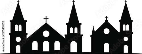 Church cathedral skyline silhouette with crosses religious architecture panorama flat vector illustration isolated on white background