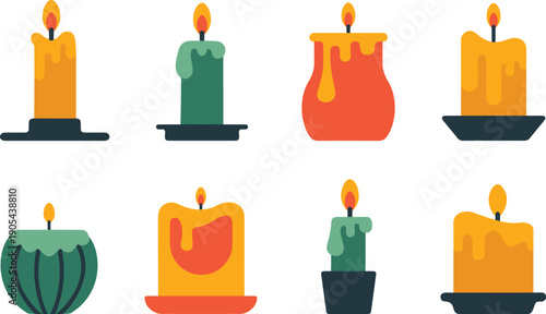 Collection of colorful decorative candles in green orange and yellow shades with various holders and melting wax textures for wellness and home atmosphere vector design