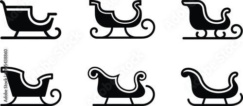 Santa sleigh icon set black silhouette Christmas sled collection festive winter holiday transportation symbols isolated on white background