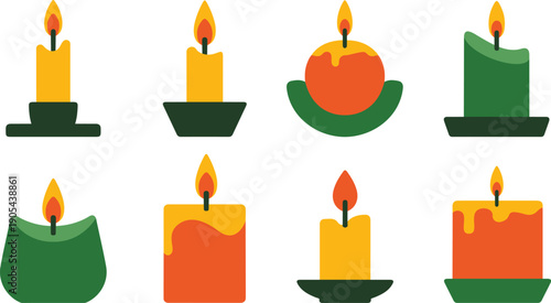 Diverse green and orange candle icons featuring round rectangular and curved shapes with melting wax details and dark green holders for festive decoration vector graphics