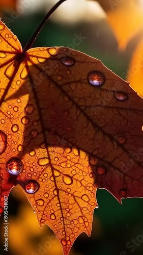 Close up of autumn leaf with water droplets reflecting sunlight.