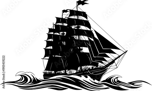 Old Nautical Sailing Ship Ocean Vector Illustration